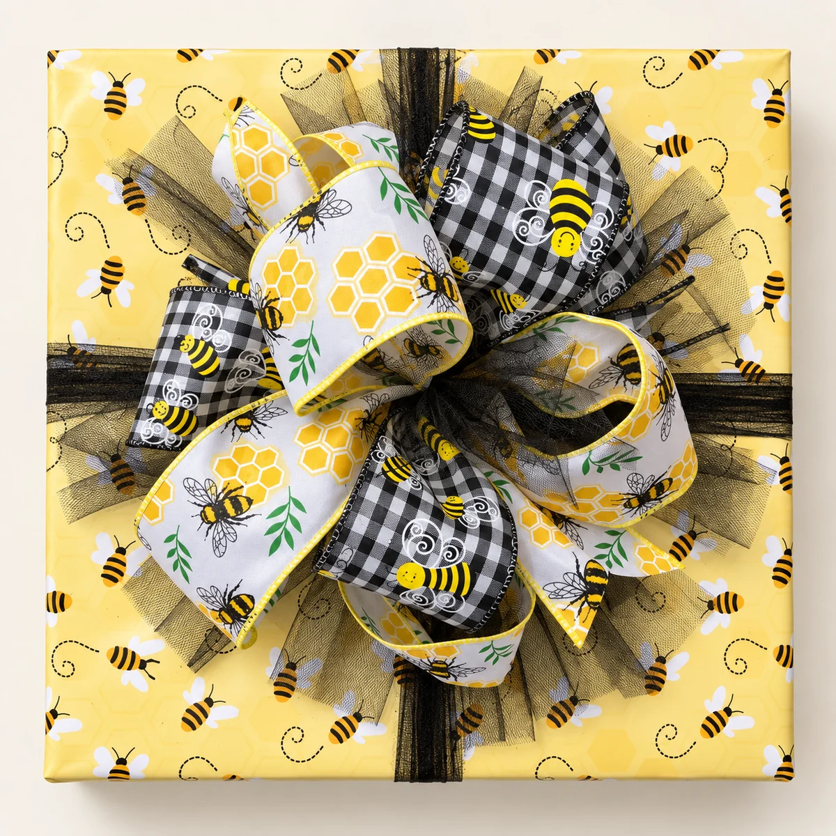 Yellow bumblebee paper with a huge honeycomb, buffalo check and black tulle bow