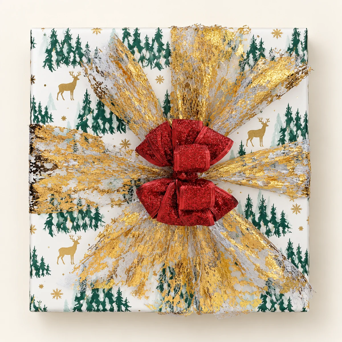Christmas tree paper with gold mesh and red glitter bow